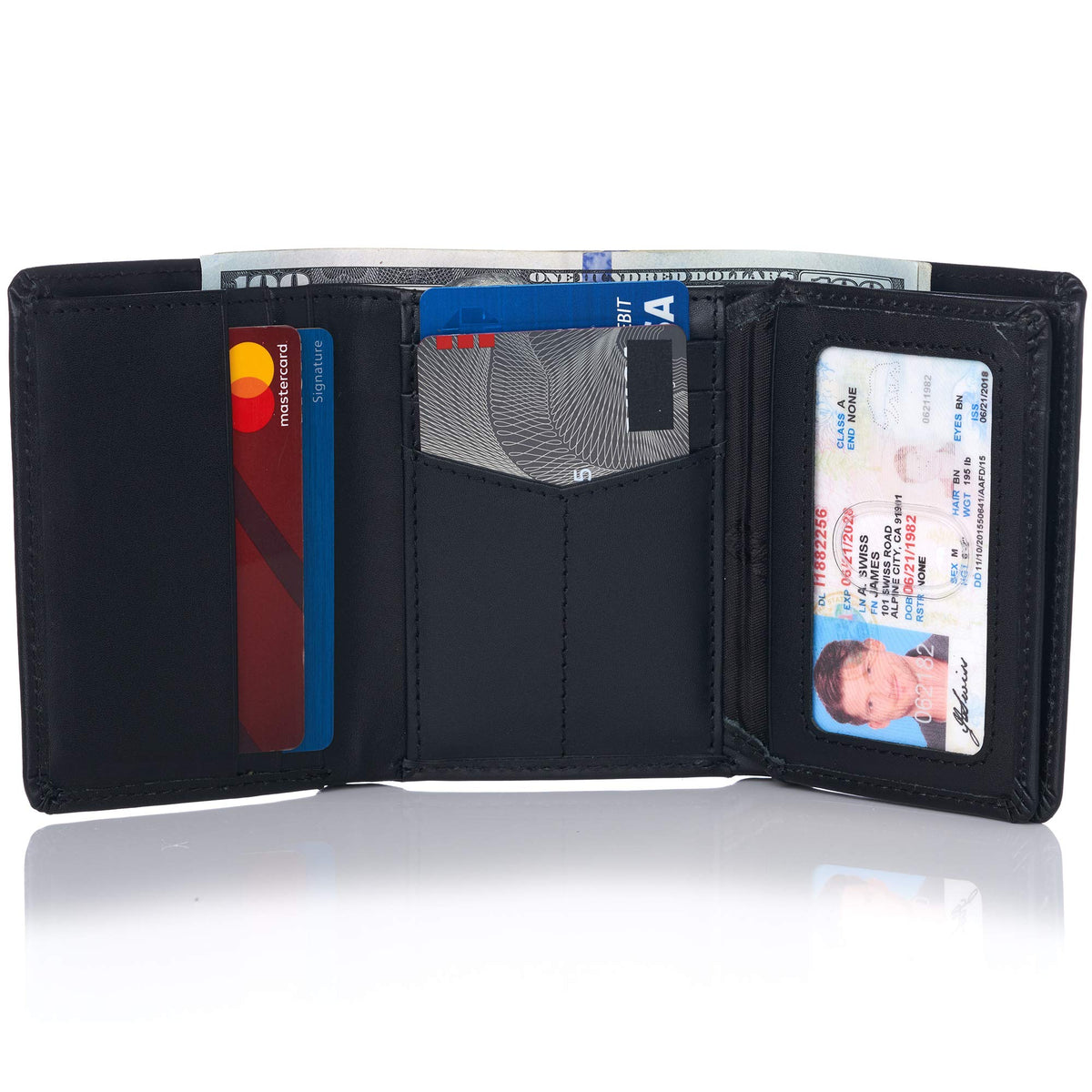 Alpine Swiss RFID Mens Theo Trifold Wallet Deluxe Capacity With Divided Bill Section Camden Collection Smooth Finish Black