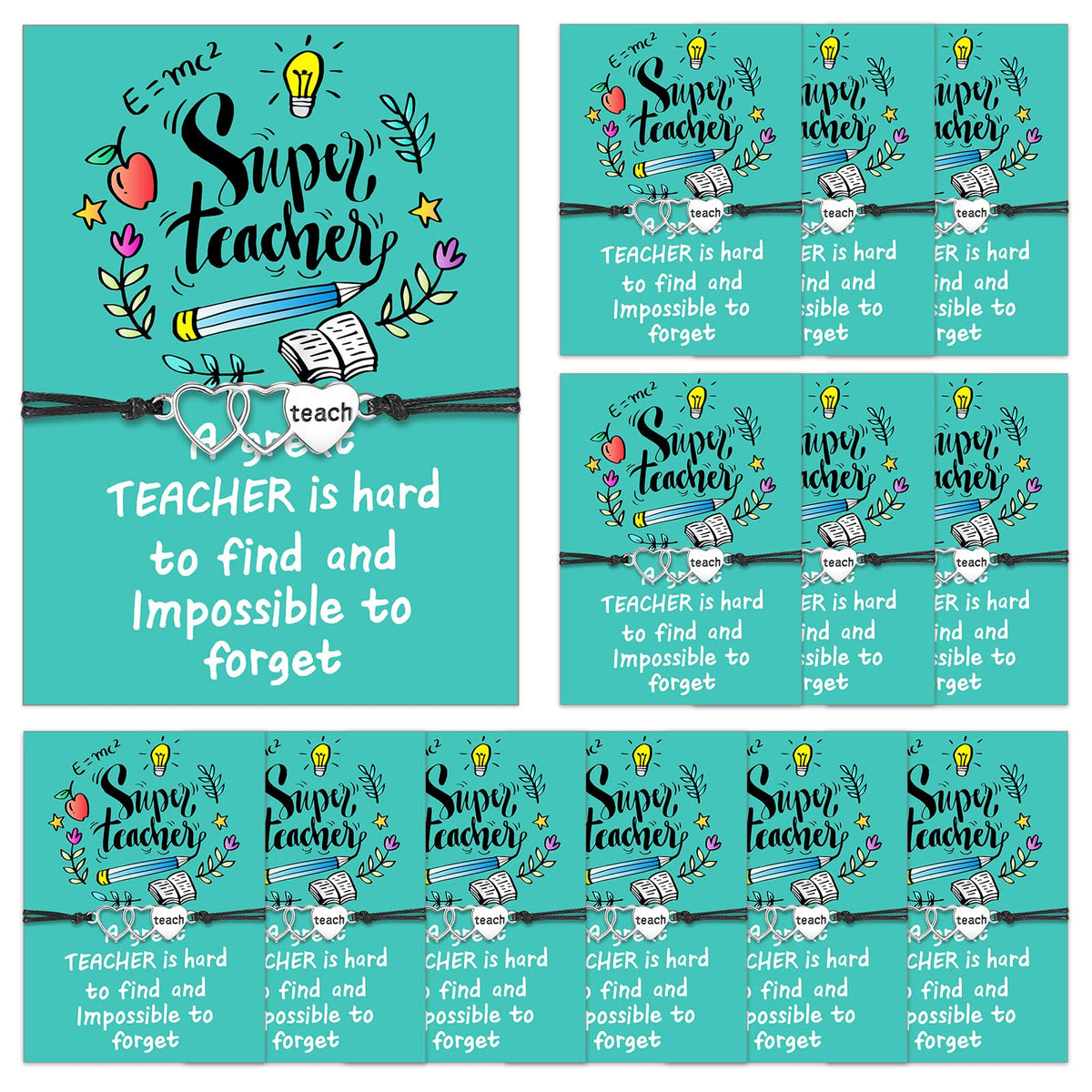 Highergo 12 Pcs Christmas Gift for Teacher, Teacher Bracelets for Women Men Adjustable Teacher Blessing Card Bracelets Teaching Wish Bangles for Thank You Appreciation Gifts Birthday Gifts, 6.9 inch,