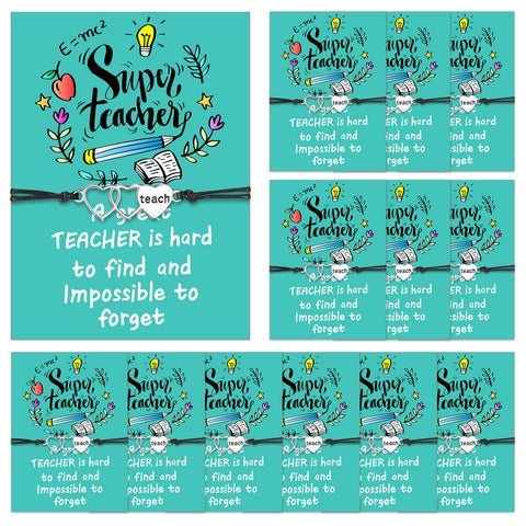 Highergo 12 Pcs Christmas Gift for Teacher, Teacher Bracelets for Women Men Adjustable Teacher Blessing Card Bracelets Teaching Wish Bangles for Thank You Appreciation Gifts Birthday Gifts, 6.9 inch,