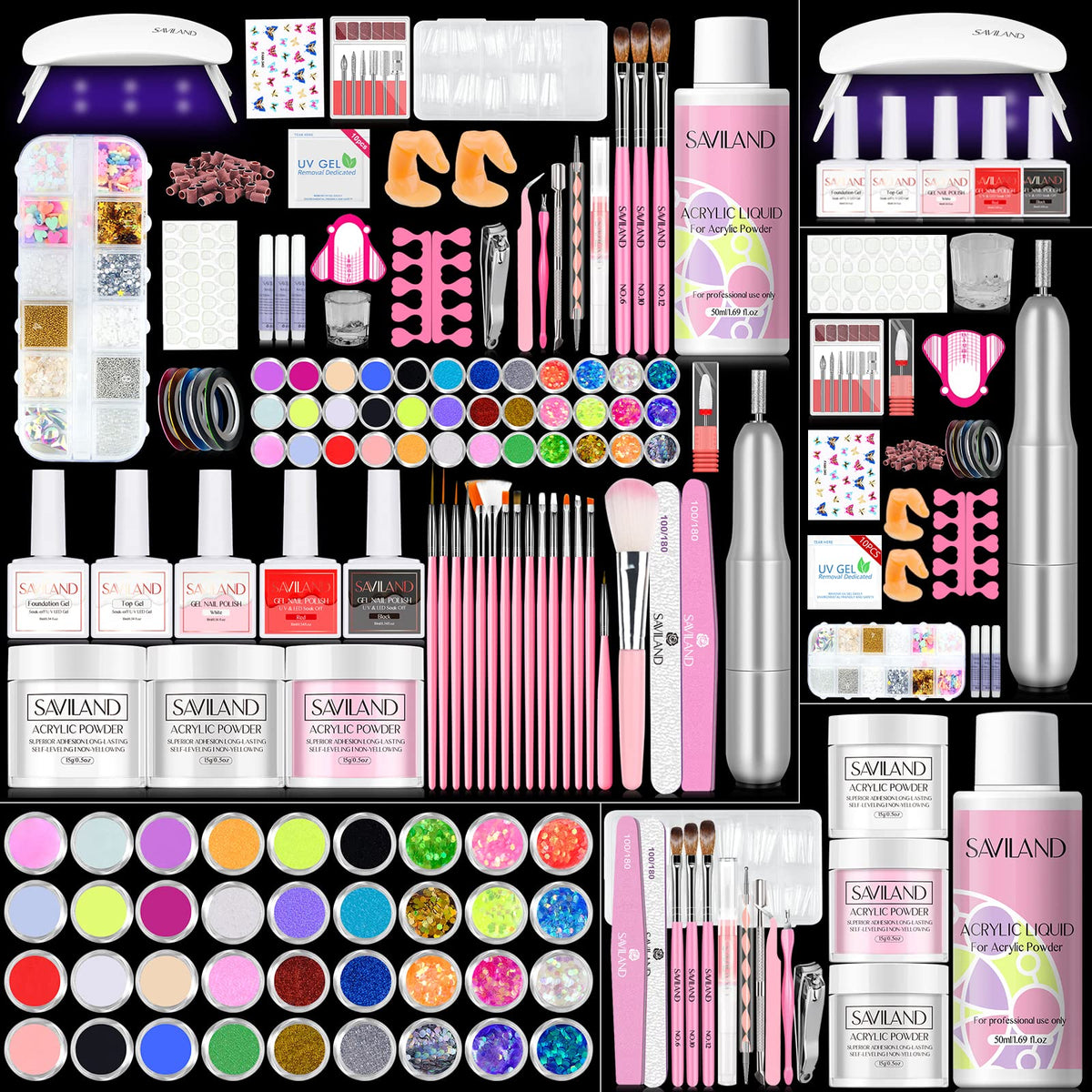 Saviland Acrylic Nail Kit with Drill and U V Light - Clear White Pink Acrylic Powder Acrylic Liquid Black Red White Gel Nail Polish Nail Tools Acrylic Nail Kit for Nail Art Acrylic Nails Gel Nails DIY