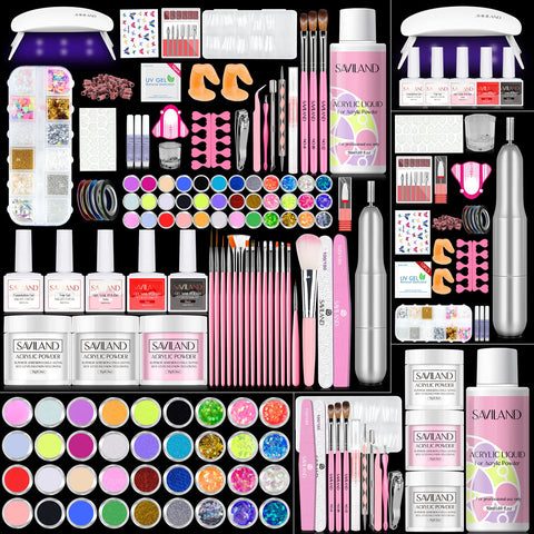Saviland Acrylic Nail Kit with Drill and U V Light - Clear White Pink Acrylic Powder Acrylic Liquid Black Red White Gel Nail Polish Nail Tools Acrylic Nail Kit for Nail Art Acrylic Nails Gel Nails DIY