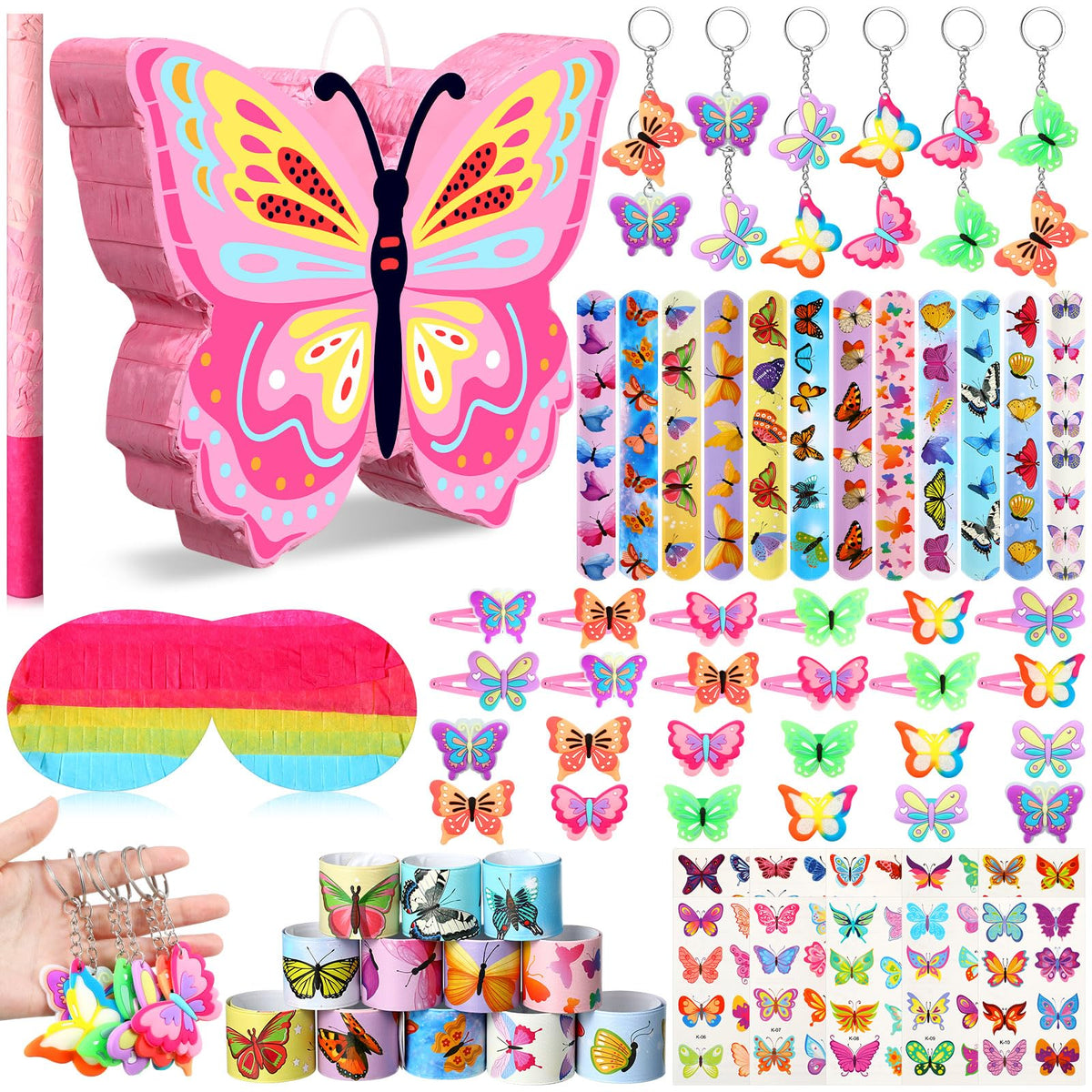 Pasimy 61 Pcs Butterfly Party PiÃ±ata Set, Butterfly PiÃ±ata with Stick Blindfold Butterfly Birthday Tattoos Stickers Hairpin Ring Slap Bracelet Keychain for Butterfly Themed Party Supplies Decor