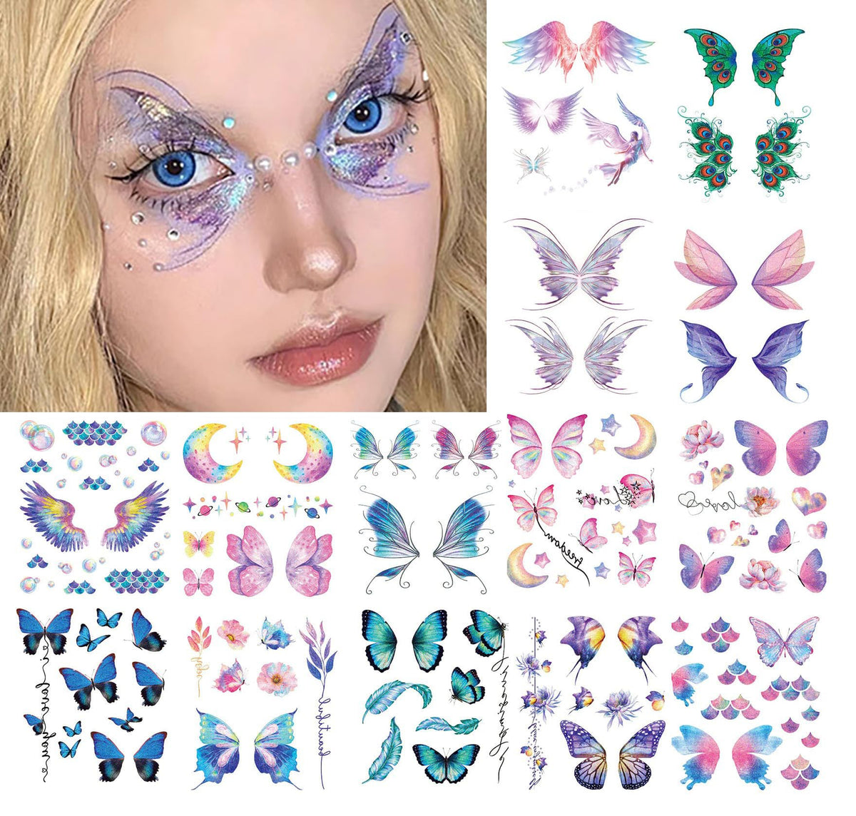 14 Sheets Glitter Butterfly Temporary Tattoos Sticker for Eye Face Makeup Decoration, Body art tattoo stickers Shiny Butterflies Waterproof Fake Tattoos Eye Decor