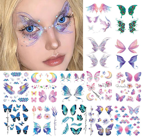 14 Sheets Glitter Butterfly Temporary Tattoos Sticker for Eye Face Makeup Decoration, Body art tattoo stickers Shiny Butterflies Waterproof Fake Tattoos Eye Decor