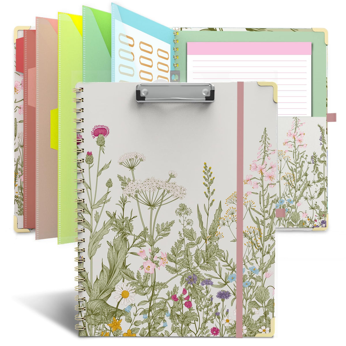 Clipboard Folder with Notepad Refillable Lined for Letter Size (11" x 8.5"), 5 Dividers with Storage 10 Pockets, Cute Spiral Foldable Clipboard with Metal Clip School Office Supplies(Garden Flowers)