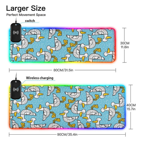 Blue White Ducks Wireless Charging Mouse Pad for Mobile Phone Extra Large Gaming Mousepad with 13 Lighting Modes Extended Desk Mat for Gaming MacBook PC Laptop Desk Office Home