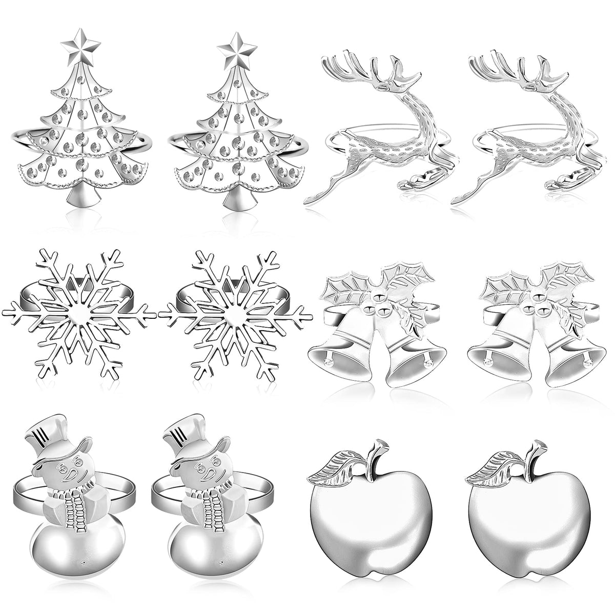 JUNEBRUSHS 12 Pcs Christmas Napkin Ring Set, Christmas Tree Reindeer Apple Snowflake Bells Snowman Napkin Holder for Family Dinner Easter Christmas Party Table Decorations (Silver)