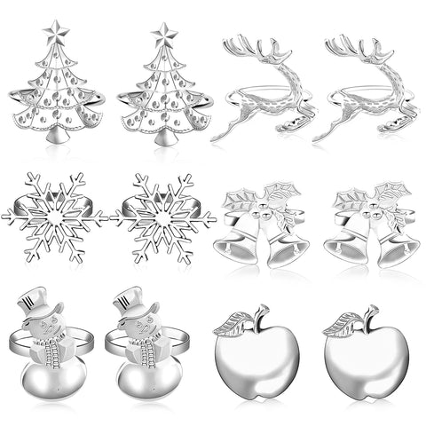 JUNEBRUSHS 12 Pcs Christmas Napkin Ring Set, Christmas Tree Reindeer Apple Snowflake Bells Snowman Napkin Holder for Family Dinner Easter Christmas Party Table Decorations (Silver)