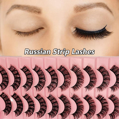10 Pairs 60D-Curl Russian Strip Lashes False Eyelashes, Handmade Russian Lashes Eyelash Extensions, Fluffy Eyelashes Wispy - Volume Fake Lashes Natural Eyelashes, Lightweight and Soft Eyelashes