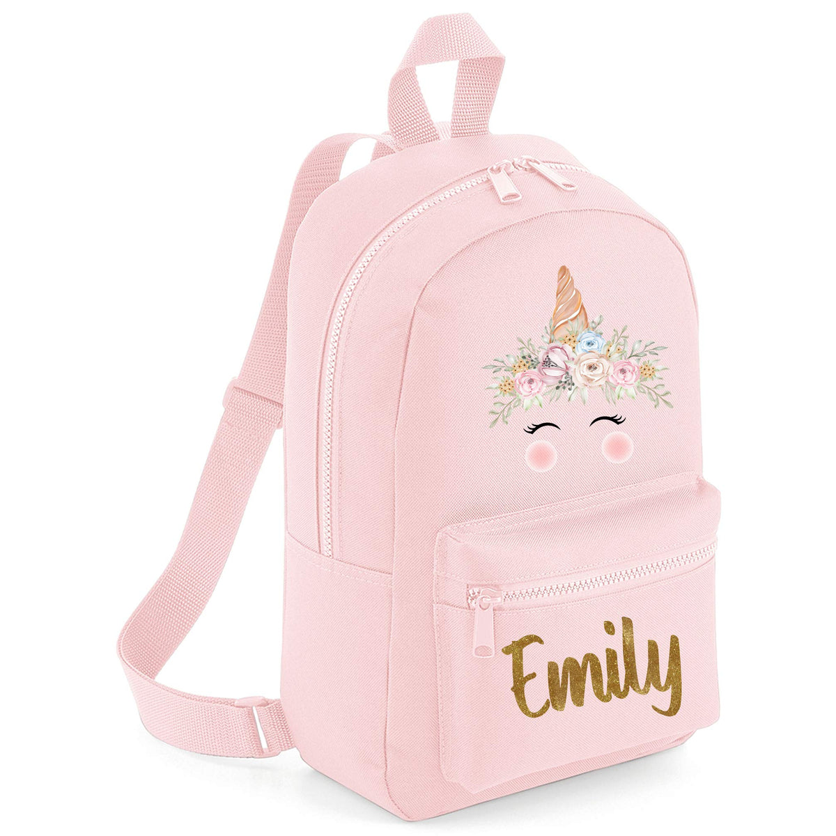 Purple Print House Girls Glitter Flower Unicorn Mini Backpack - Personalised Back to School Gift Ideas For School Girl - Gold Glitter, Light Pink