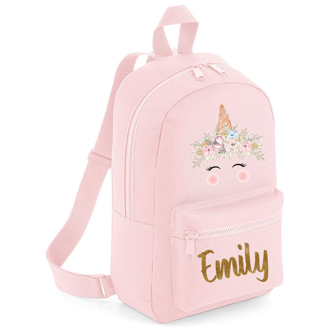 Purple Print House Girls Glitter Flower Unicorn Mini Backpack - Personalised Back to School Gift Ideas For School Girl - Gold Glitter, Light Pink