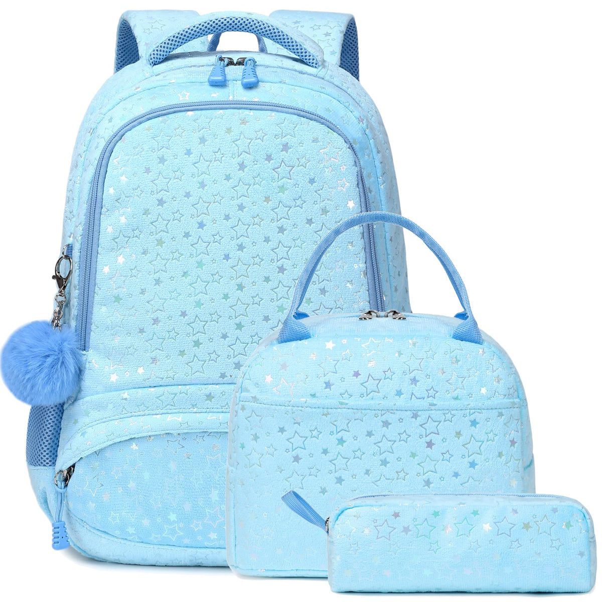 Girls Backpack and Lunch Box Set, 3 in 1 Blue Fluffy Girls Backpack with Pencil Case for School Girls, Cute Soft Plush School Backpack for Preschool Kindergarten Elementary