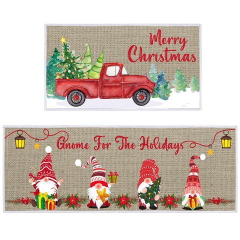 Christmas Kitchen Rugs Set of 2 Kitchen Floor Mats Non Slip Gnome Door Mats Winter Xmas Tree Red Truck Doormat Indoor Outdoor Entrance Door Rug, 16" x 30" and 16" x 47"