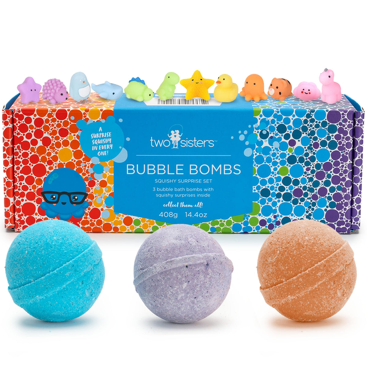 Two Sisters Spa Squishy Bath Bombs for Kids with Surprise Toy Inside, Amazing Scents, USA Made, Kids Safe Ingredients, Won't Stain Tub, 3 Kids Bath Bombs for Bubble Bath