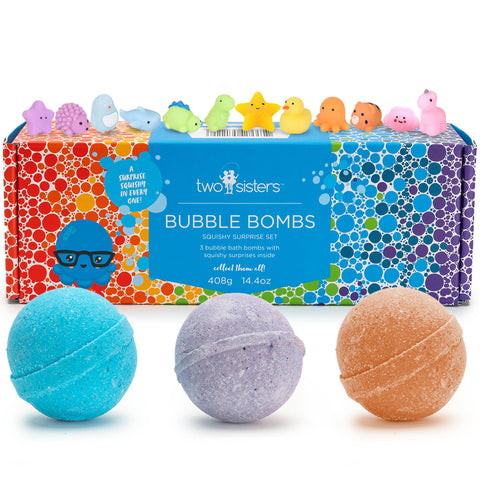 Two Sisters Spa Squishy Bath Bombs for Kids with Surprise Toy Inside, Amazing Scents, USA Made, Kids Safe Ingredients, Won't Stain Tub, 3 Kids Bath Bombs for Bubble Bath