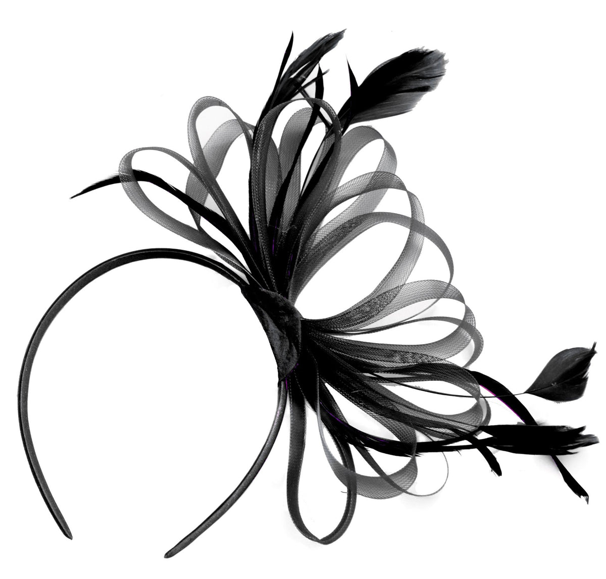 Caprilite Black Fascinator Headband Large Wedding Ascot Races Net Hat Feathers
