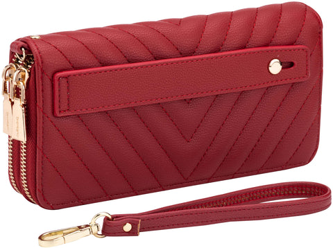B BRENTANO Vegan Leather Double Zipper Pocket Wallet with Grip Hand Strap, Red, Wallet With Hand Grip