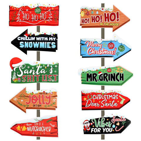 Gosknor 10pcs Christmas Direction Signs, Xmas Arrow Sign Winter Directional Signage North Pole Sign for Home Outdoor Garden Lawn Yard Street Decoration for Festival Theme Party Supplies
