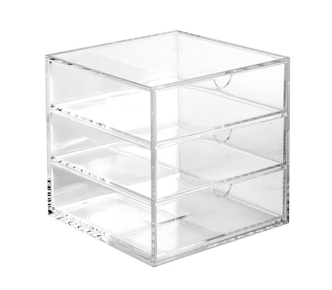 OSCO Clear Acrylic Cube | 3 Drawers | Not A4 Size | Small Item Storage | Stackable | Lego Container | Makeup Container | Jewellery Box | Compact Organiser | 16.5cm x 16.5cm | 6.5 x 6.5 Inch