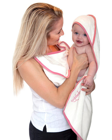 Cuddledry Hands Free Baby Bath Towel | Luxuriously Soft Bamboo & Cotton Hooded Baby Towel | Apron Towel for Safe Babies Bathtime | Perfect Newborn Gift | Pink Edging