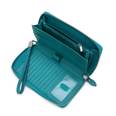 DORIS&JACKY Women Leather Wallet Rfid Blocking Large Capacity Zipper Around Travel Wristlet Bags (LARGE-Lake blue)