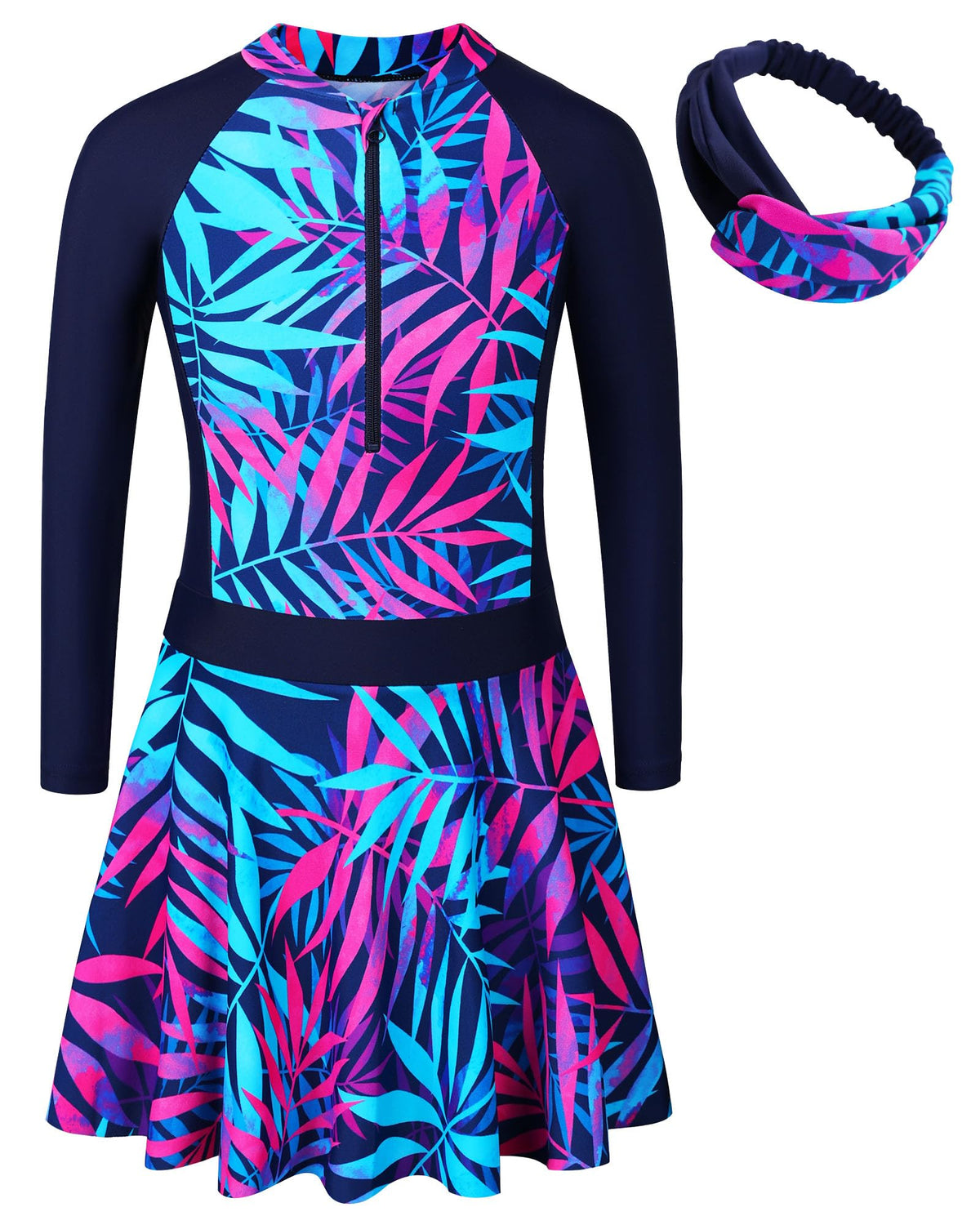 Girls Swimsuit One Piece Long Sleeve UPF 50+ Floral Skirted Bathing Suit Modest Beach Swim Dress S448_NavyLeaves_128/134