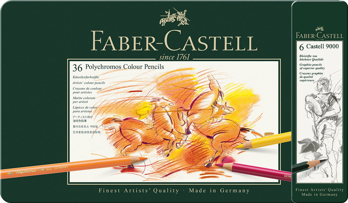 Faber Castel Polychromos Colored Pencils, Set of 36 Colors, Includes Cans, Castel 9000 Pencils, 6 Hardness Design Cans, 110036-ASET