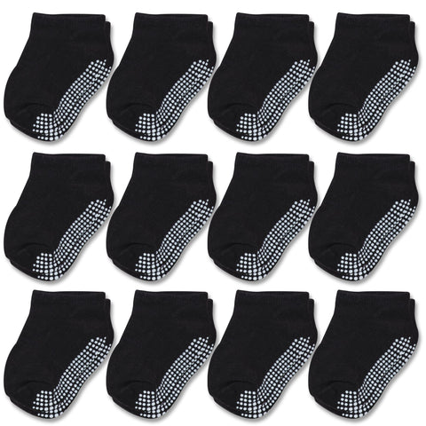 CozyWay Non-Slip Ankle Grip Low Cut Toddler Socks, 12 Pack for Boys and Girls, Black, 3-5 Years Old, Unisex