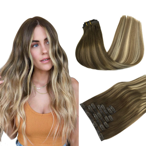 Clip in Hair Extensions Real Human Hair, 7pcs 110g Balayage Walnut Brown to Ash Brown and Bleach Blonde 20 Inch, MAXITA Seamless Hair Extensions Clip in Human Hair Natural Straight Hair Extensions