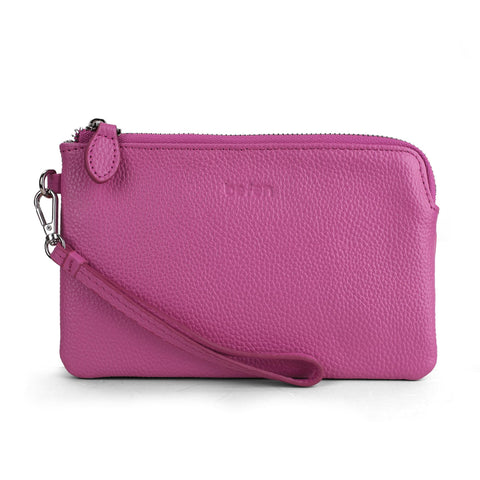 befen Fuchsia Genuine Italian Leather Wristlet Clutch Purse for Women Ladies Slim Corner Zip Wallets Handbag?Silver Zipper