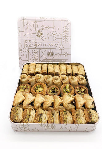 Sweetland London Premium Pistachio Baklava Selection -1000g | Handmade Traditional Lebanese Baklava | Ramadan, Mother's Day, Easter, & Eid | Selection of Pistachio Treats | UK Made | Tin Gift Box