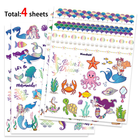 Temporary Tattoos for Kids(98pcs),Konsait Glitter Mermaid Tattoos for Children Girls Birthday Party Favors Supplies Great Kids Party Accessories Goodie Bag Stuffers Party Fillers Halloween Costume