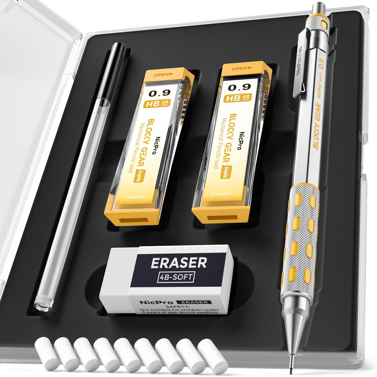 Nicpro Blocky Gear 0.9 mm Mechanical Pencils Set in Case, Metal Pencil with 0.9mm HB Lead Refills, Eraser for Professional & Adult Art Writing Drafting Drawing