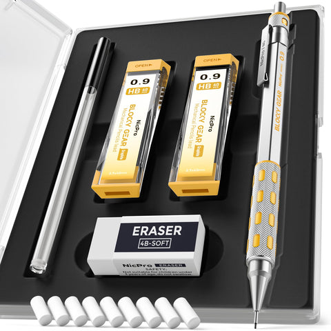 Nicpro Blocky Gear 0.9 mm Mechanical Pencils Set in Case, Metal Pencil with 0.9mm HB Lead Refills, Eraser for Professional & Adult Art Writing Drafting Drawing