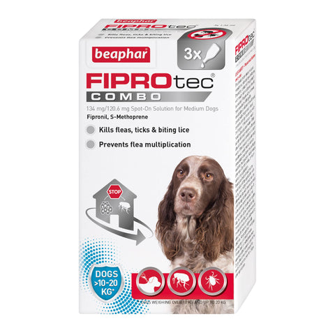 Beaphar | FIPROtecÂ® COMBO for Medium Dogs (10-20kg) | Kills Fleas, Flea Eggs & Ticks | Stops Fleas Multiplying on Pet and in Home | Vet Strength Treatment | 3 Pipettes