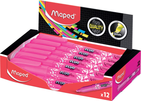 Maped Pack of 12 Fluo'Peps Highlighter Pens, Colour Pink, Ideal for Pencil Case