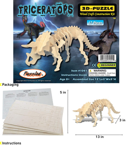 Puzzled 3D Puzzle Triceratops Dinosaur Wood Craft Construction Model Kit Fun & Educational DIY Wooden Toy Assemble Dino Model Unfinished Craft Hobby Puzzle to Build & Paint for Decoration 17pc Pack