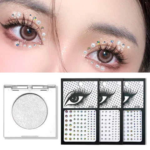 Jutqut Shimmer Glitter Eyeshadow Palette & 3Pcs Self Adhesive Face Gems Rhinestones Stick on Set, Sparkle Bling Korean Eye Glitter, Single Eyeshadow Palette & Body Gems Diamonds for Eye Makeup