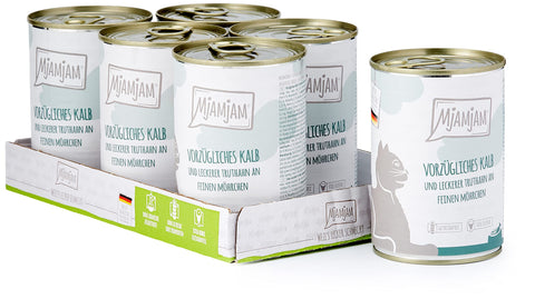 MjAMjAM - premium wet food for cats - excellent veal & turkey with delicious carrots, pack of 6 (6 x 400 g), grain-free with extra meat