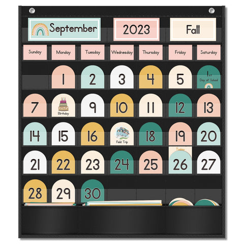 Eamay Boho Calendar Pocket Chart with 90 Cards for Kids Learning,Classroom and Home School DÃ©cor,Black