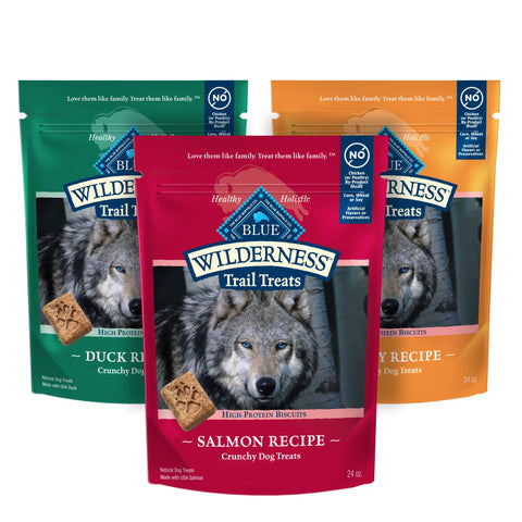 Blue Buffalo Wilderness Trail Treats High Protein Grain Free Crunchy Dog Biscuits Duck, Turkey, and Salmon 10-oz Variety Pack, 3ct