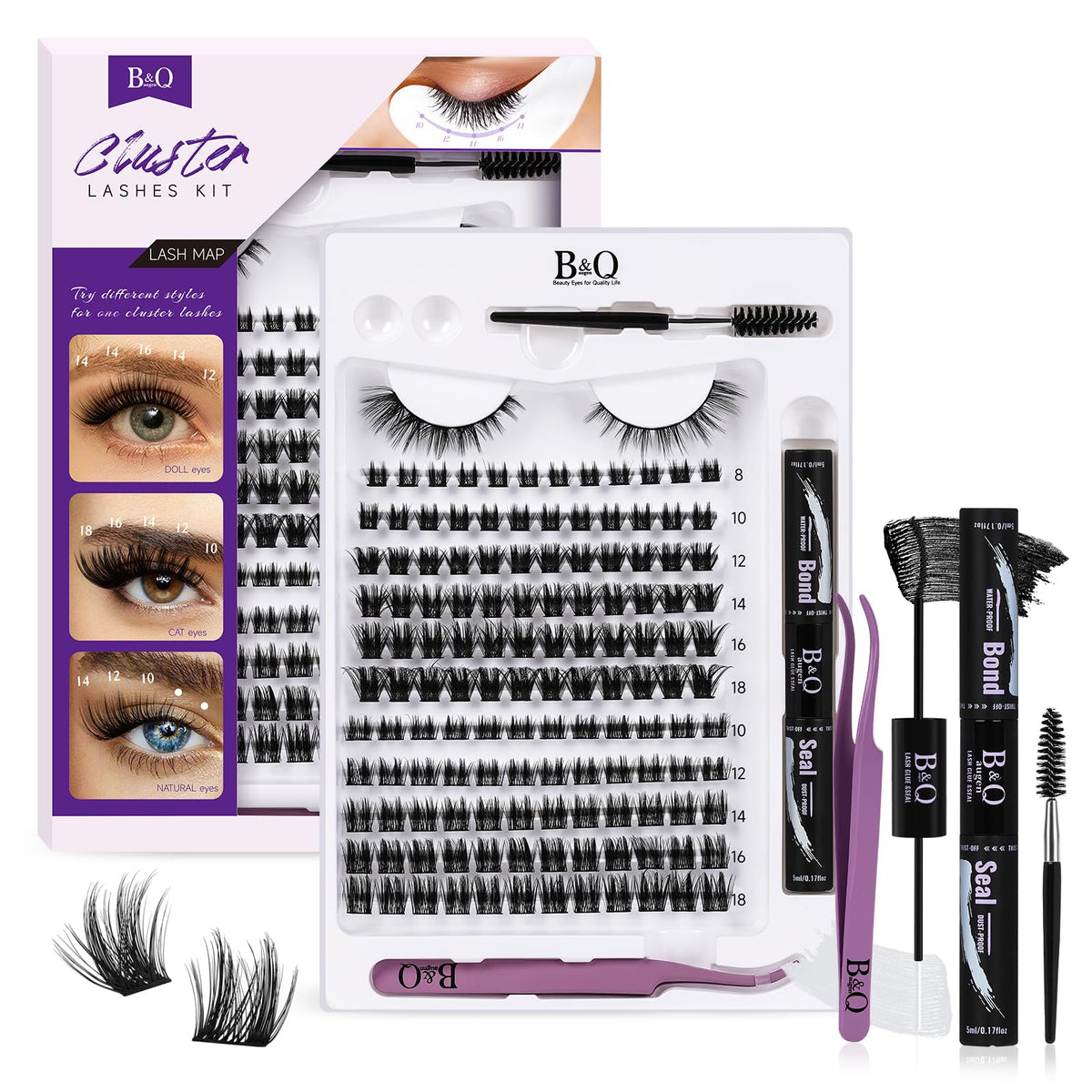 Lash Extension Kit B&Q 144 Pcs Eyelash Extension Kit Natural Look Lashes Extension Kit with Waterproof Lash Bond and Seal and Applicator Tool DIY Lash Extension Kit at Home (Kit,01-8-18mix)