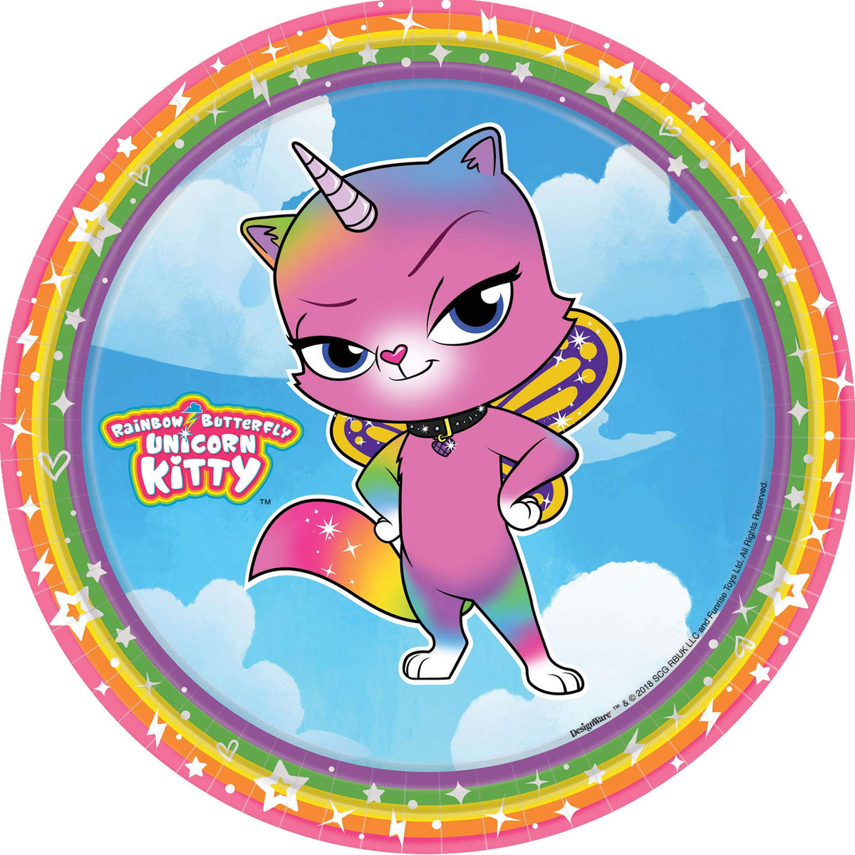 Rainbow Butterfly Unicorn Kitty Round Paper Plates - 7" | Multicolor | Pack of 8