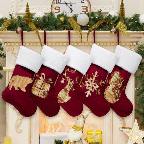 GEX 2021 Christmas Stockings 5 Pack for Family 20" Sequins Embroidery Classic Velvet with Faux Fur Fireplace Tree Large Decorations Hanging Ornament for Xmas Holiday Party Season Decor (Set of 5)