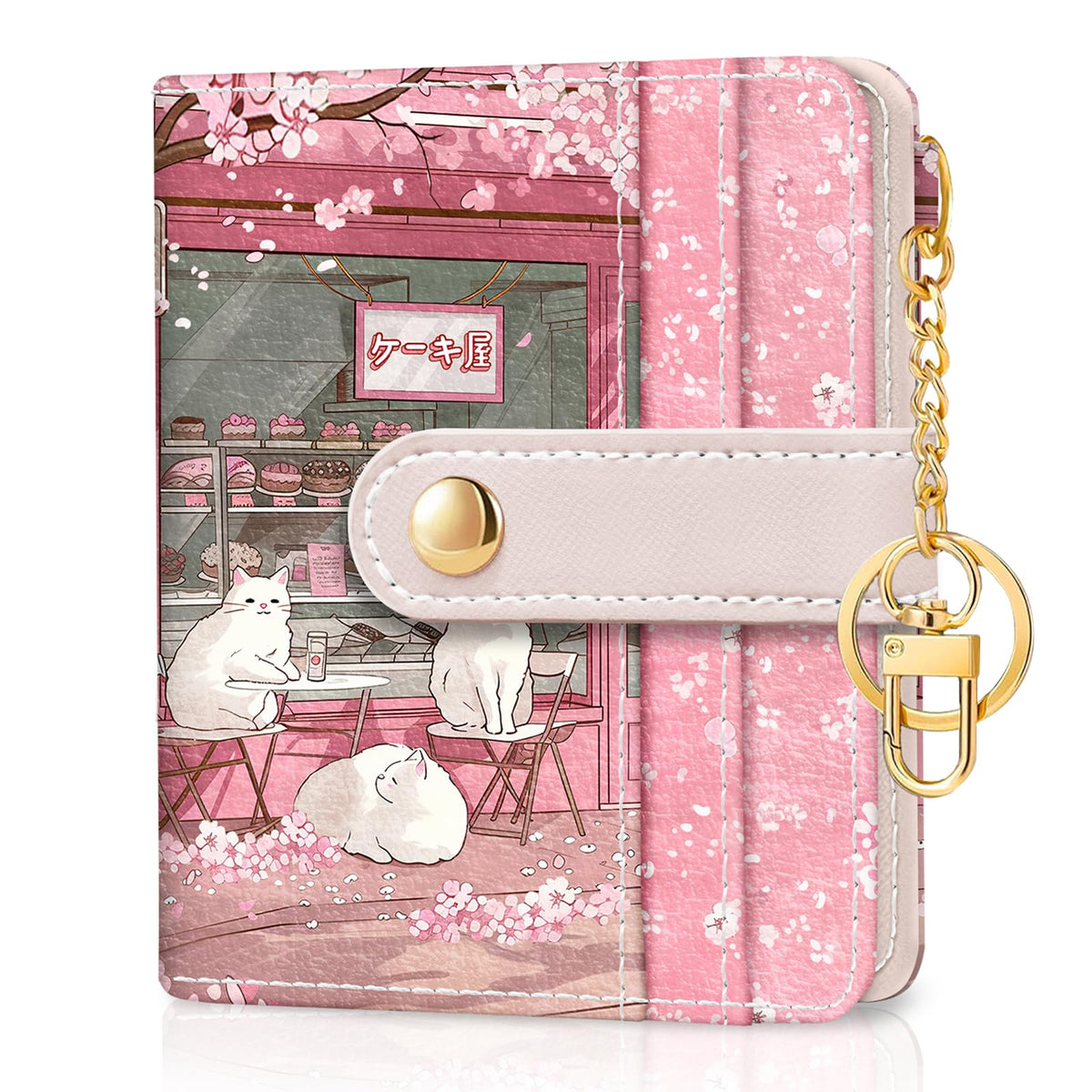 Jogjam Cute Kawaii White Cats Rfid Ladies Wallet, Small Credit Card Women Wallet, Japanese Dessert House PU Leather Bifold Cash Wallet, Zipper Coin Pocket, Female Wallet