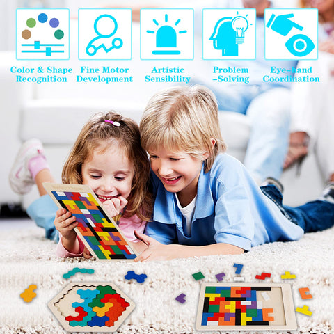 2 Pack Wooden Hexagon Puzzle & Russian Blocks Puzzle,Intelligence Brain Teasers Toy Wooden Puzzle for All Ages Challenge,3D Russian Blocks Logic Game Educational Gift for Kids Adults