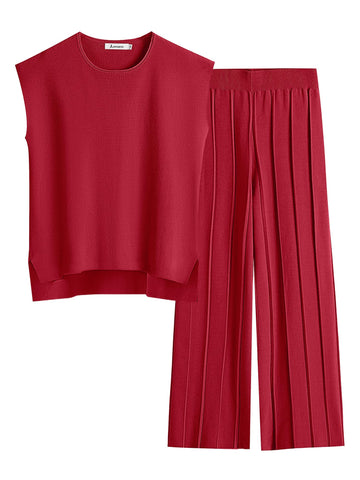ANRABESS Women 2 Piece Outfits Casual Summer Sleeveless Tops Knit Pants Sweater Lounge Matching Sets 2024 Trendy Clothes Red Small