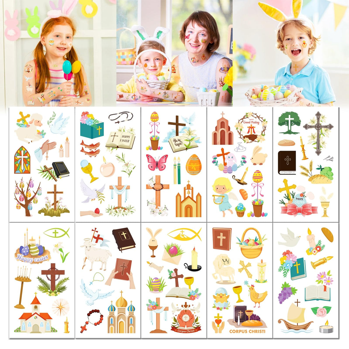 Generic 10 Sheets Easter Temporary Tattoos Religious Easter Temporary Tattoos Religious Christian Tattoos Stickers for Boys Girls Spring Easter Themed Stickers Easter Party Favors