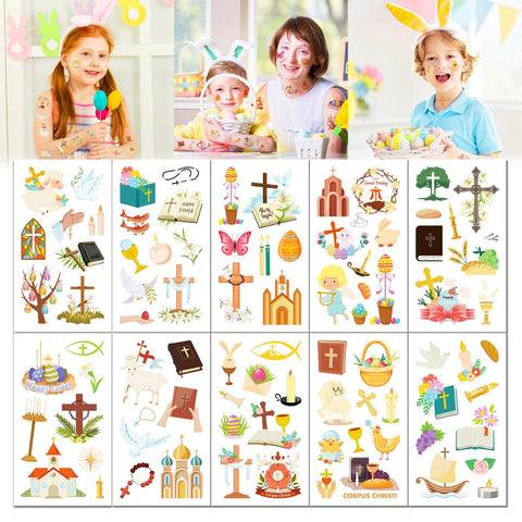 Generic 10 Sheets Easter Temporary Tattoos Religious Easter Temporary Tattoos Religious Christian Tattoos Stickers for Boys Girls Spring Easter Themed Stickers Easter Party Favors