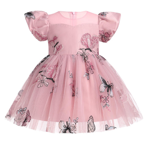 IDOPIP Flower Girls Embroidery Butterfly Tutu Dress for Kids Baby First Communion Wedding Party Dresses Toddler Princess Pageant Bridesmaid Birthday Bowknot Tulle Gown Pink - Embroidery 2-3 Years